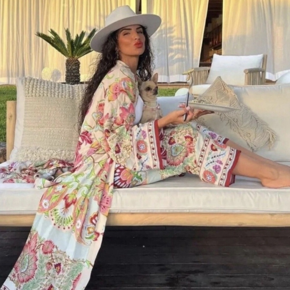 Zara Multicolor Floral Printed Long Kimono Robe Belt blogger favorite XS lovely